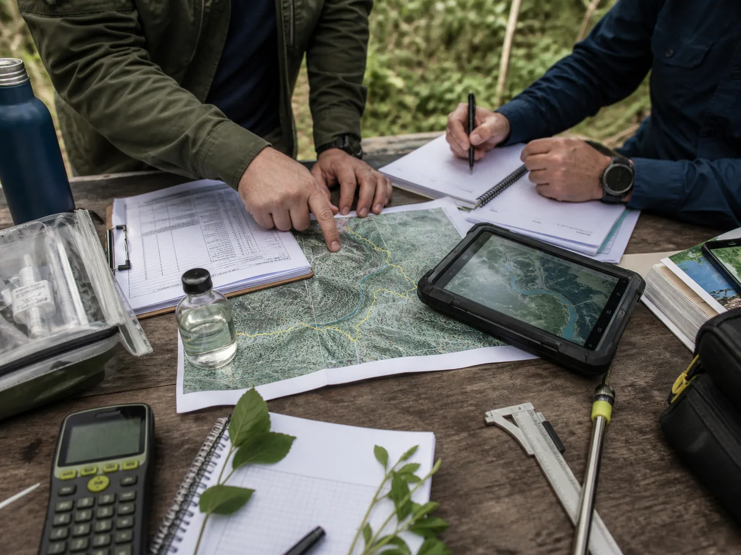 Equipe técnica analisando mapas, documentos e dados ambientais